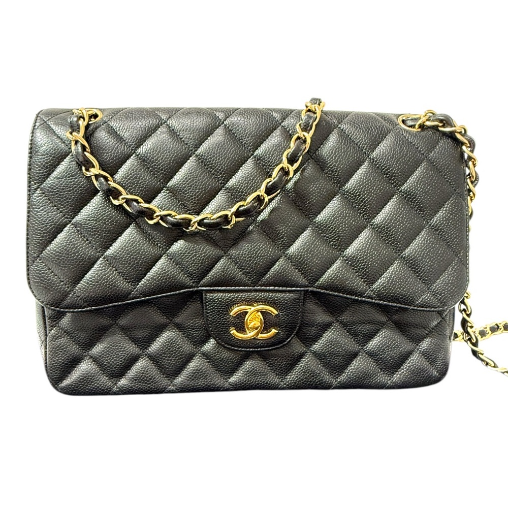 Authentic Chanel Black Quilted Caviar Leather Classic Jumbo Double Flap Bag